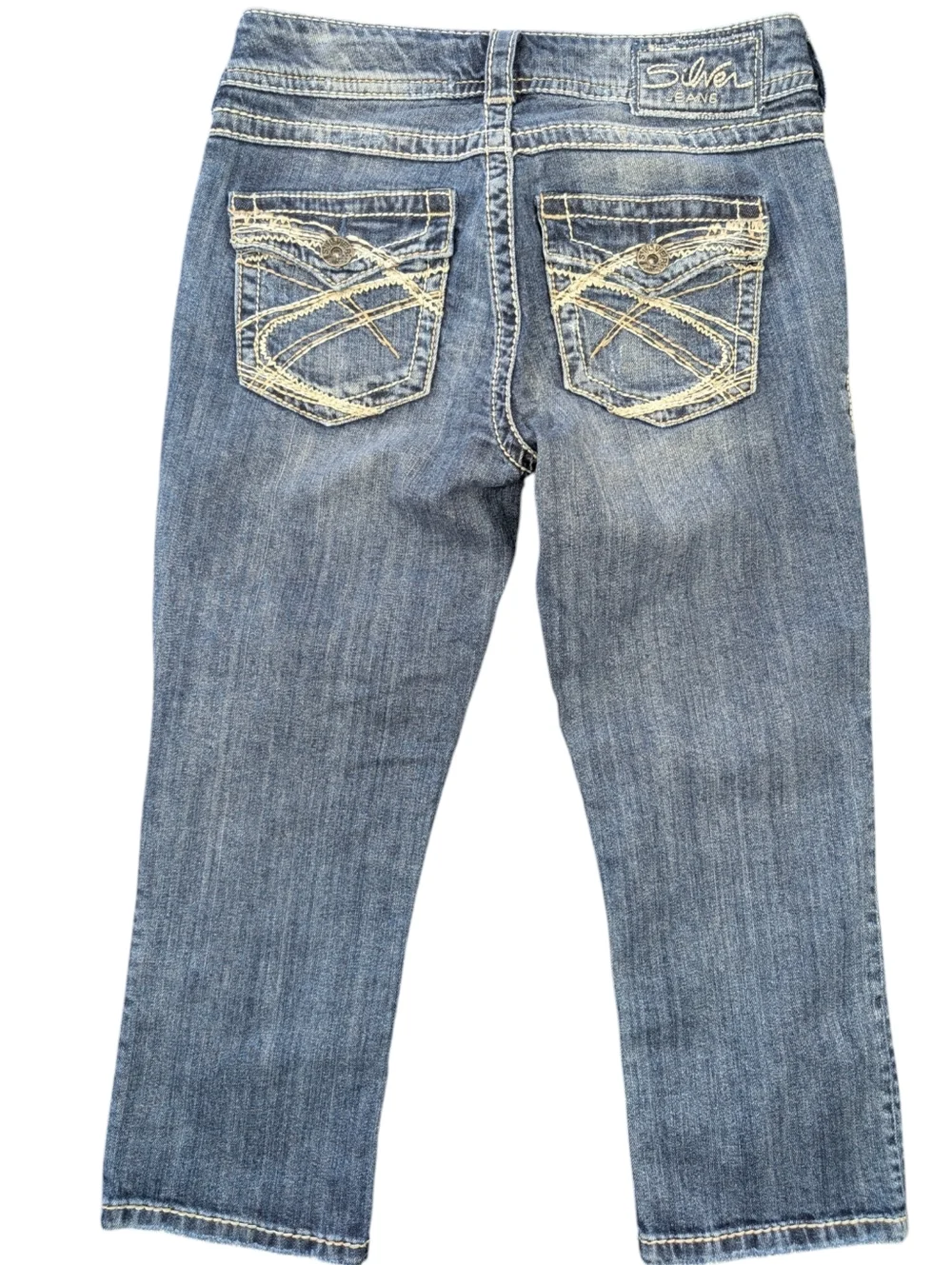 Vintage Y2K Silver Jeans Suki Surplus Capri Distressed Cotton Jeans. Size 28